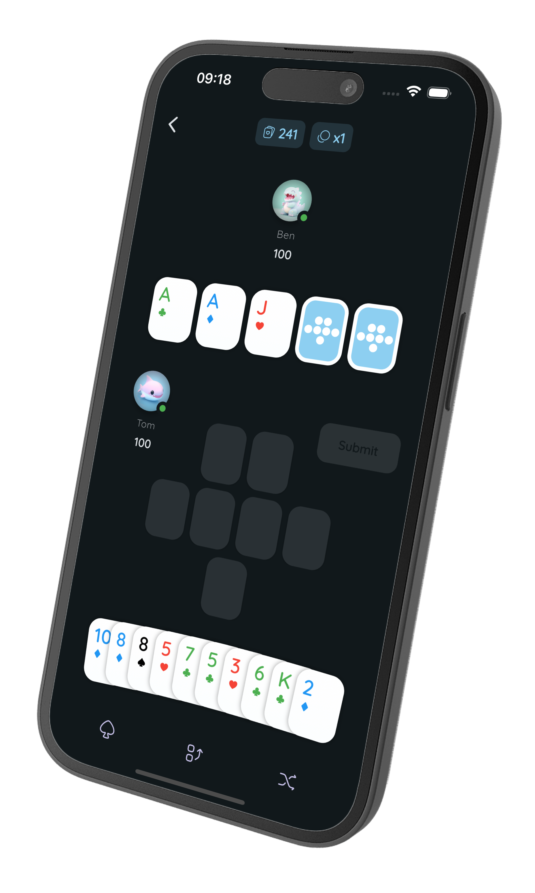 241 Poker App interface on mobile device - tilted view
